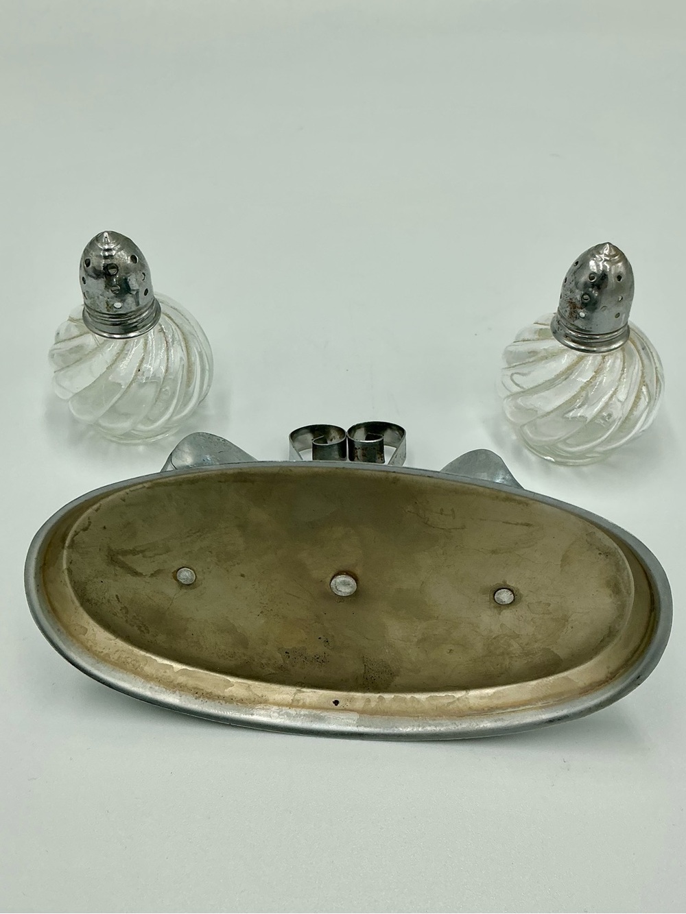 Vintage Silver Tone Clear Glass Mini Salt and Pepper Shakers On Silver Tone Tray - Picture 9 of 11